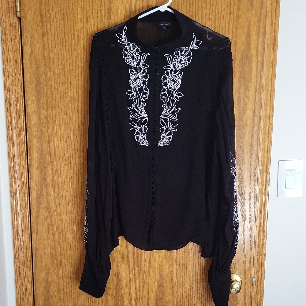 Karen Millen Black Blouse with White Embroidery